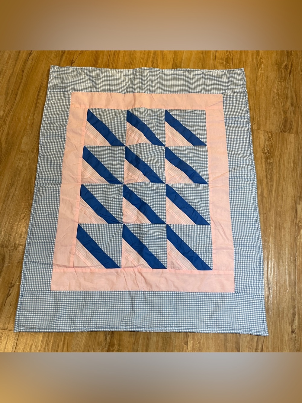 Vintage Handmade Baby Quilt Pink Blue Patchwork, Pinstead Quilts (Franconia, NH)